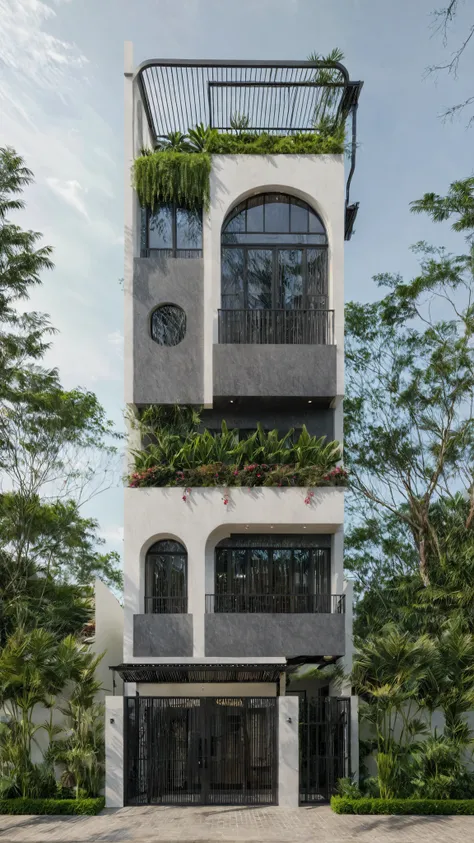 (Masterpiece:1.2), the best quality, photo of modern two-story house in Vietnam with white walls and dark tile roof., plant and plant environment ,daylight, street scene, Natural light, bright colors,cast aluminum gate, Exterior of an elegant independent f...