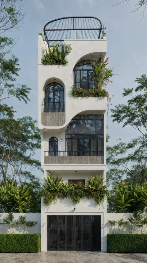 (Masterpiece:1.2), the best quality, photo of modern two-story house in Vietnam with white walls and dark tile roof., plant and plant environment ,daylight, street scene, Natural light, bright colors,cast aluminum gate, Exterior of an elegant independent f...