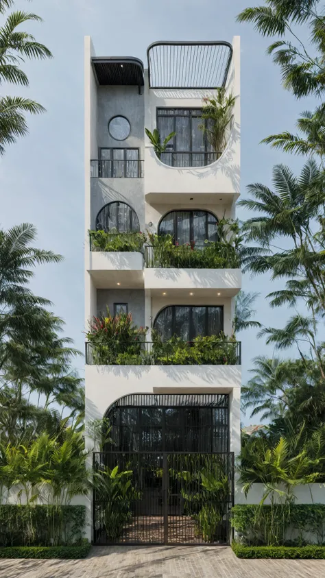 (Masterpiece:1.2), the best quality, photo of modern two-story house in Vietnam with white walls and dark tile roof., plant and plant environment ,daylight, street scene, Natural light, bright colors,cast aluminum gate, Exterior of an elegant independent f...