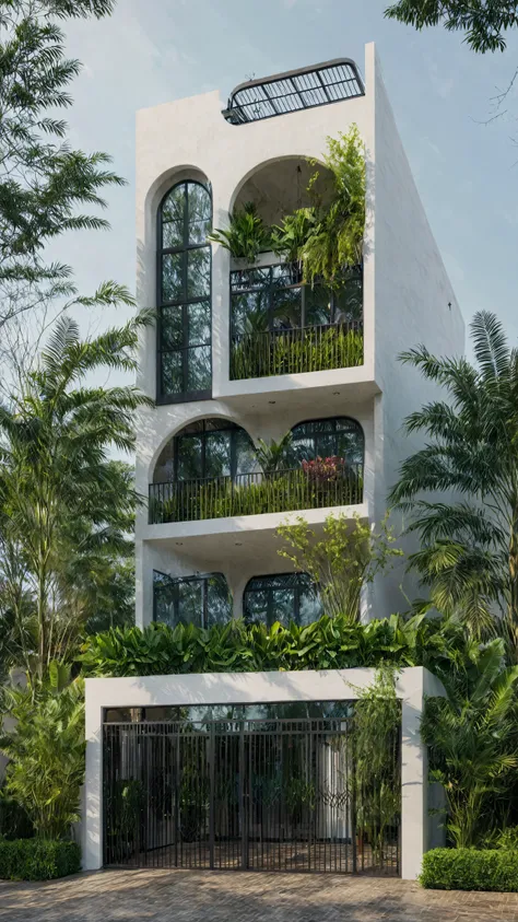 (Masterpiece:1.2), the best quality, photo of modern two-story house in Vietnam with white walls and dark tile roof., plant and plant environment ,daylight, street scene, Natural light, bright colors,cast aluminum gate, Exterior of an elegant independent f...