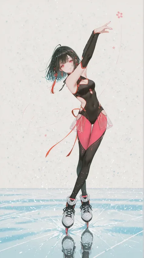 dark_art_style,artist:kazutake_hazano, artist:danimaru,[artist:ask_(askzy)], artist:wanke, artist:wlop, artist:fujiyama, artisit:yuyu_(yuyuworks)，artist:hiten_(hitenkei),atrisit:dishwasher1910,
完美品质, 超高清, 精良制作, 1girl, ice skating pose, 黑丝顺滑发{1.3},单马尾,  {天空...
