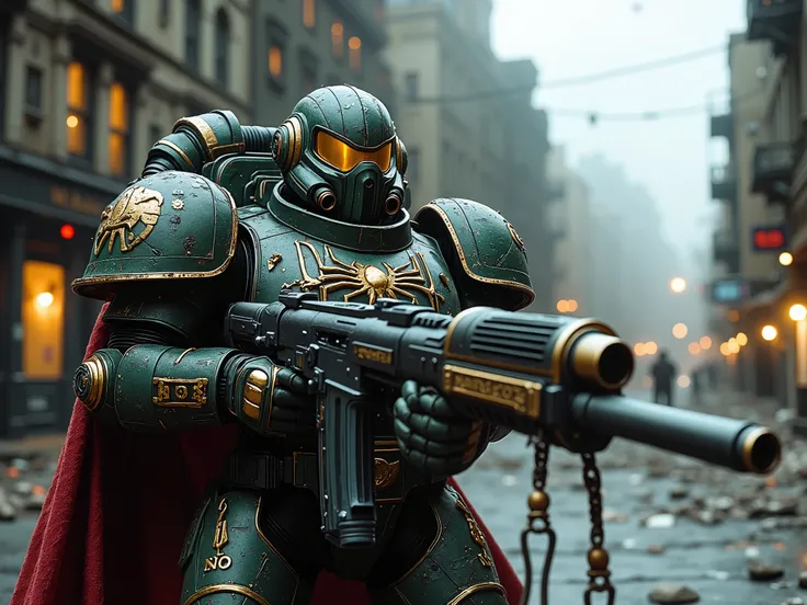 Cinematic action scene, HUD vision view, Light Yellow mix green vision view, battleruins city, Dystopian city, trench warfare, iron mesh, battle bunker, battle info screen.
Midground View: The hyper detail, armed supperhero, the astartes Spiderman with me...