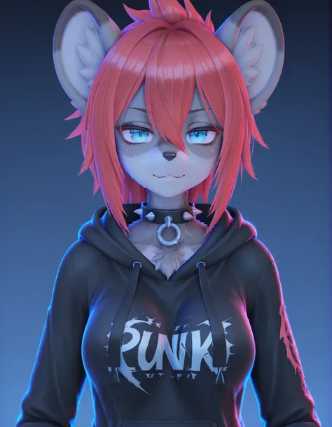 MMD,3D,, 1girl, solo, anthro hyena, furry, furry female, blue eyes, punk, grey fur, black hoodie, breast, spike collar, red hair,