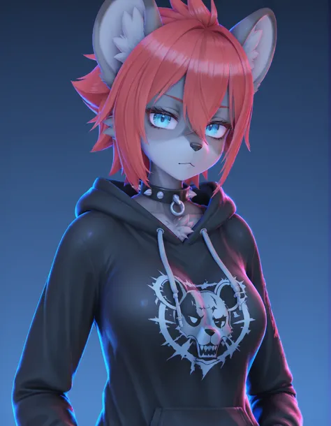 MMD,3D,, 1girl, solo, anthro hyena, furry, furry female, blue eyes, punk, grey fur, black hoodie, breast, spike collar, red hair,