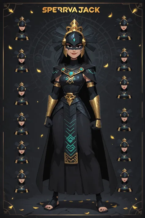 A girl, alone, cartoon style image, samurai jack style, flat color, ancient warrior of a Mesoamerican civilization, obsidian helmet resembling a raven, black outfit, obsidian armor, light skin, cape, gloves, looking at the viewer, wrapped in thick darkness...