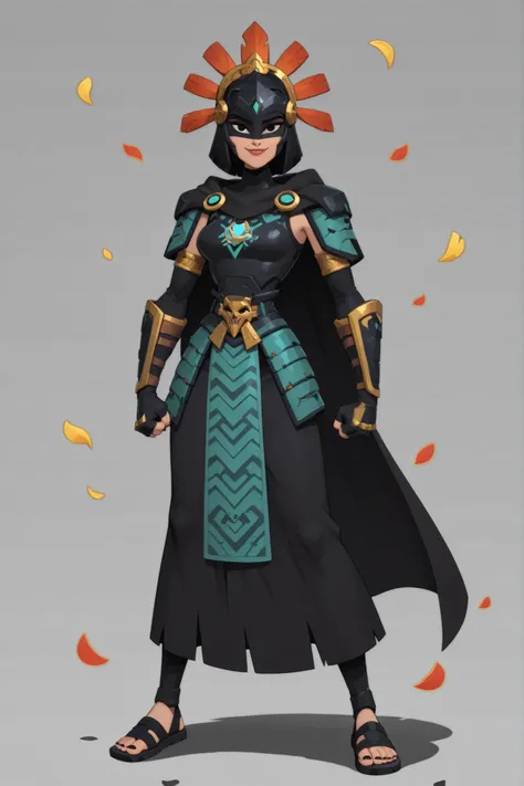 A girl, alone, cartoon style image, samurai jack style, flat color, ancient warrior of a Mesoamerican civilization, obsidian helmet resembling a raven, black outfit, obsidian armor, light skin, cape, gloves, looking at the viewer, wrapped in thick darkness...