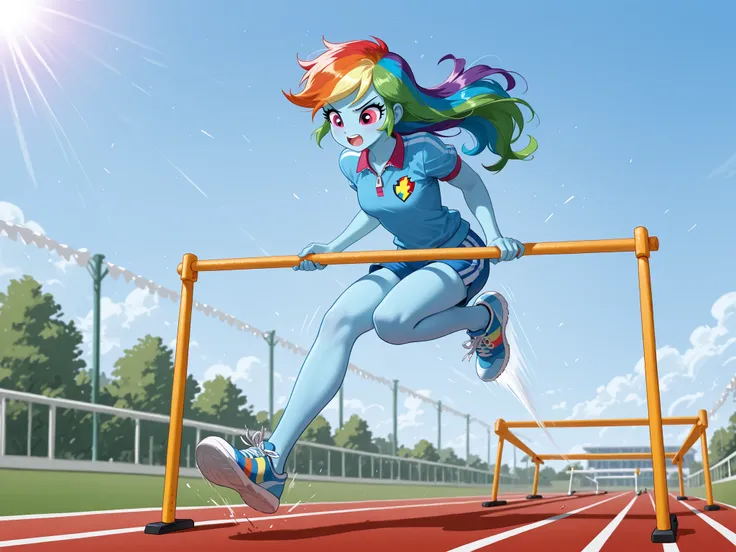 Track meet, exterior, Rainbow Dash, equestria girls, jumping over a hurdle while running