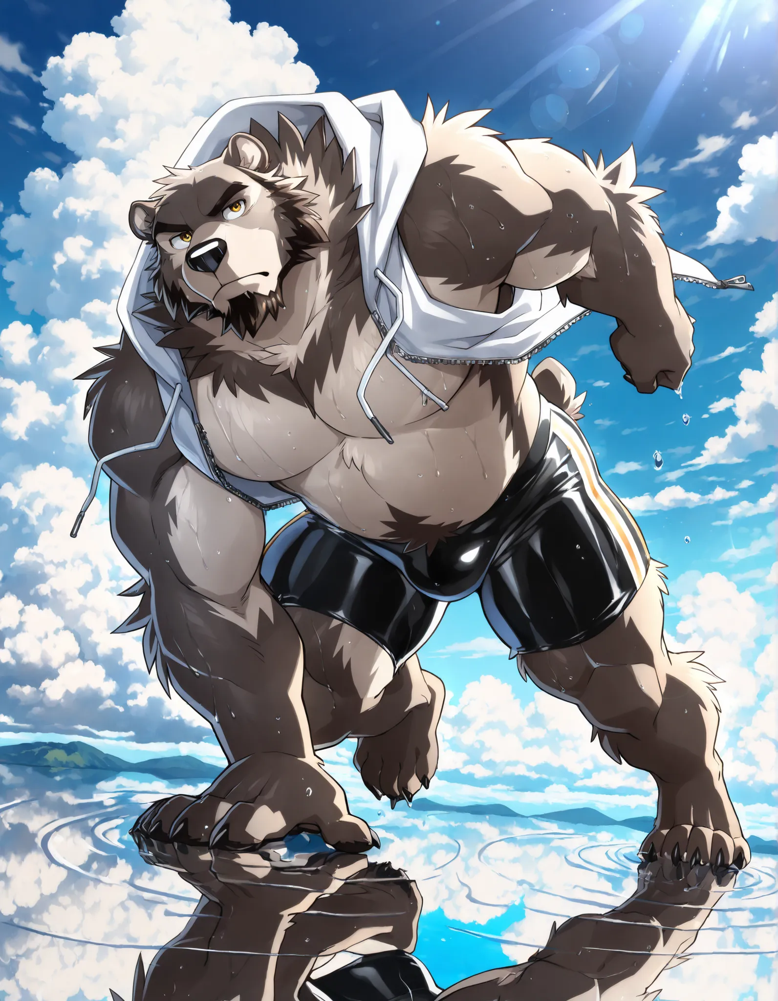 Reflection, outdoors, day, scenery, blue sky, water, cloudy sky, (masterpiece:1.2), (top quality), (beautiful detailed eyes:1.2), (highly detailed CG), (ultra detailed), (very detailed and beautiful:1.1), (perfect details:1.1), (stunning illustration), sol...