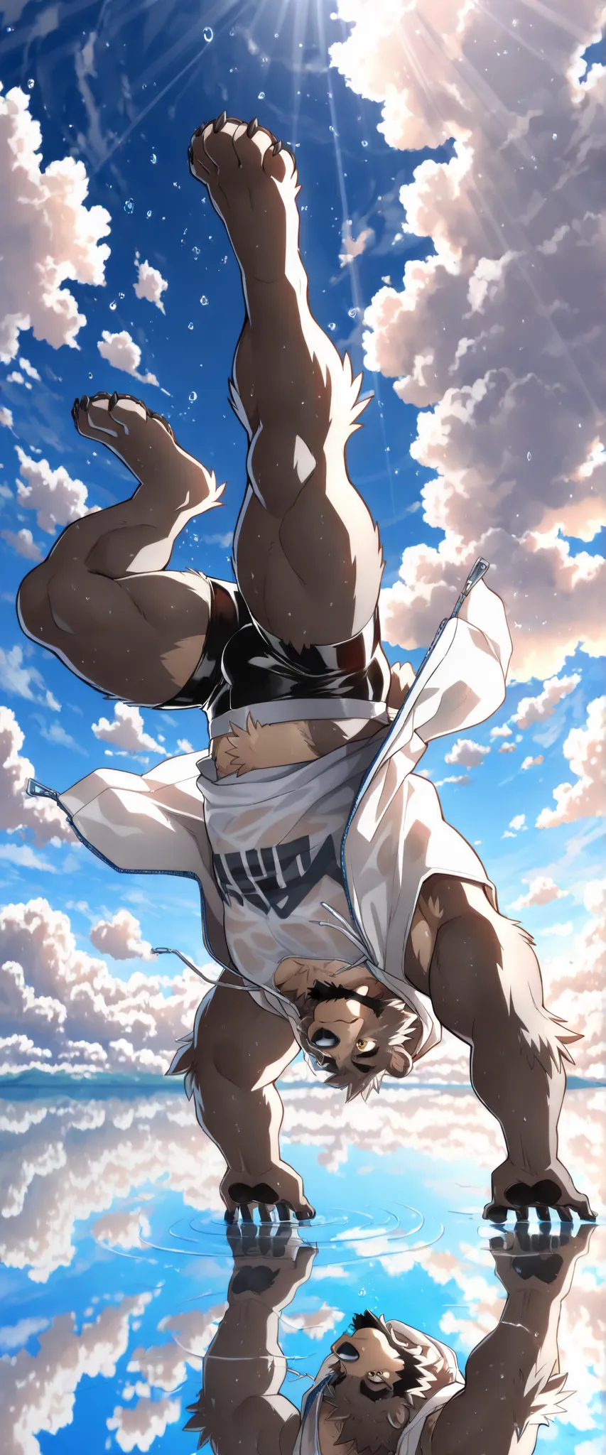 Reflection, outdoors, day, scenery, blue sky, water, cloudy sky, (masterpiece:1.2), (top quality), (beautiful detailed eyes:1.2), (highly detailed CG), (ultra detailed), (very detailed and beautiful:1.1), (perfect details:1.1), (stunning illustration), sol...