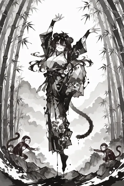 masterpiece, high quality, ultra-detailed 1 girl with multiple monkeys, sumi-e style art, monkey girl cosplay, furry ears, monkey tail, tattered hakama style clothing, fur accents, playful expression, energetic interaction with 3 monkeys, acrobatic poses, ...