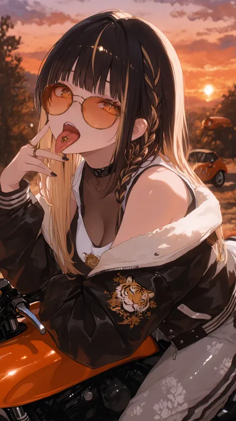 masterpiece, top quality, Twilight, Meller, orange sky , Superb , warm atmosphere, Natural Light, beautiful scenery, high resolution, 8,000, super detailed, 1girl animal_print ass black_hair black_jacket black_nails blonde_hair blunt_ends braid curtain...