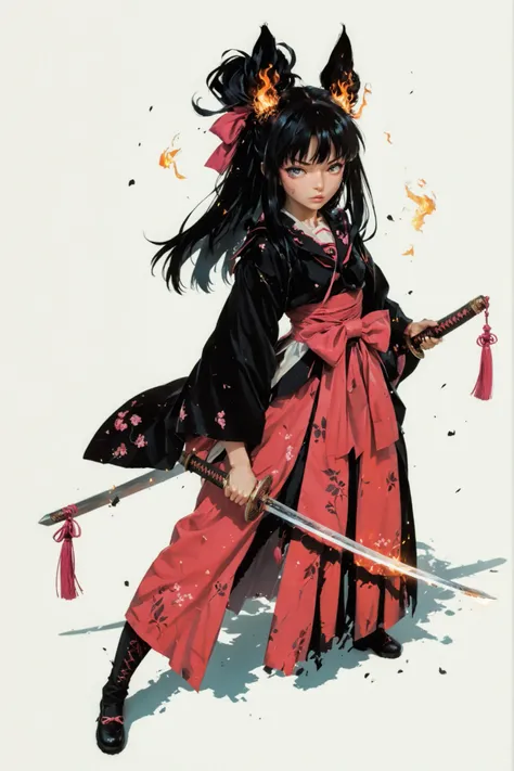 A black and pink high school girl wearing a sailor uniform、Anime girl with a sword, Burning, art style illustration, clean and detailed anime art, inspired by Kano Hogai, she has a sword, Samurai Sword Pulling Out a Sword, Flat anime style , Fate/Stay Nig...