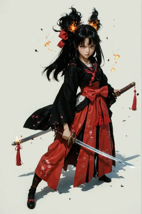 A black and pink high school girl wearing a sailor uniform、Anime girl with a sword, Burning, art style illustration, clean and detailed anime art, inspired by Kano Hogai, she has a sword, Samurai Sword Pulling Out a Sword, Flat anime style , Fate/Stay Nig...