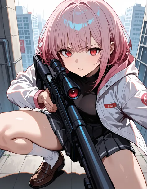 score_9,score_8_up,score_7_up, 1girl, 17 years old, beautiful woman, beautiful face
BREAK
A girl with a serious expression has (short, pink-bobbed hair: 1.4), red eyes, and is wearing a light jacket over a dark top. She is dressed in a dark grey pleated mi...