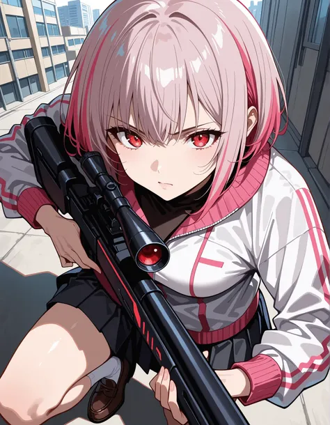 score_9,score_8_up,score_7_up, 1girl, 17 years old, beautiful woman, beautiful face
BREAK
A girl with a serious expression has (short, pink-bobbed hair: 1.4), red eyes, and is wearing a light jacket over a dark top. She is dressed in a dark grey pleated mi...