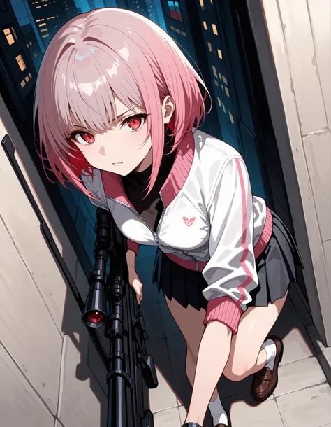 score_9,score_8_up,score_7_up, 1girl, 17 years old, beautiful woman, beautiful face
BREAK
A girl with a serious expression has (short, pink-bobbed hair: 1.4), red eyes, and is wearing a light jacket over a dark top. She is dressed in a dark grey pleated mi...