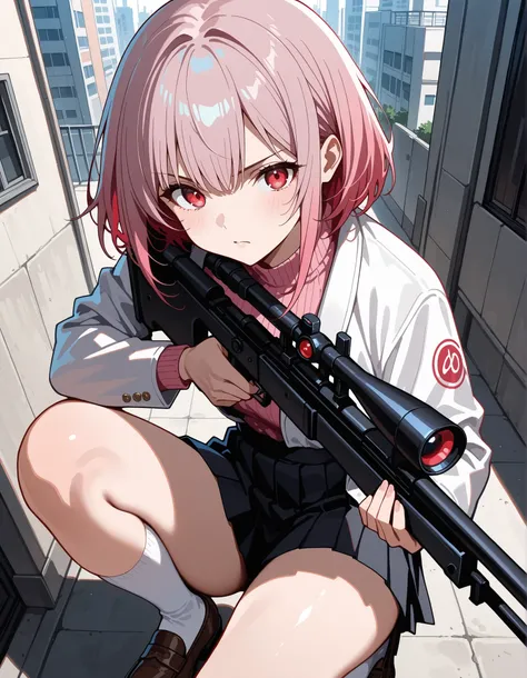 score_9,score_8_up,score_7_up, 1girl, 17 years old, beautiful woman, beautiful face
BREAK
A girl with a serious expression has (short, pink-bobbed hair: 1.4), red eyes, and is wearing a light jacket over a dark top. She is dressed in a dark grey pleated mi...