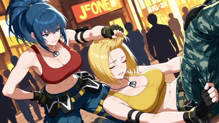 masterpiece, best quality:1.2), highly detailed, (couple), hetero, (duo focus), (front light:1.1), close up angle,  2girls, lesbian, hair grab, street crowd background, BREAK 1girl, scared, Blue Mary KOF, blue eyes, short hair, camouflage pants, cleavage, ...