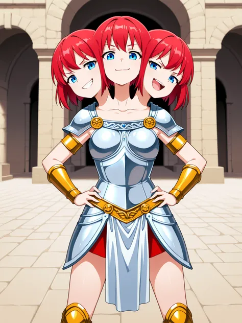 conjoined, anime girl with three heads, gladiator, red hair, short hair, blue eyes, middle head has closed mouth, right head has open mouth, left head is smiling with teeth visible, smug, confident, light gladiator armor, hands on hips, arena entrance, out...
