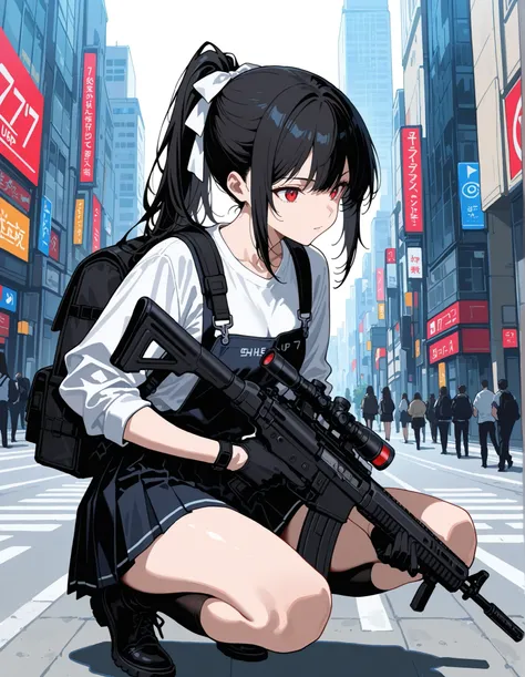 score_9,score_8_up,score_7_up, 1girl, 17 years old, beautiful woman, beautiful face
BREAK
A young woman is depicted in a dynamic urban setting, crouching on a bustling city street lined with tall buildings. Her attire combines casual and tactical elements:...