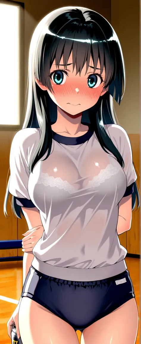 high res, adult woman , Good Lighting, Despicable, , (unclothed), (((Gym Clothes))), ((Can you see bras through clothes))),  ,  cute face,  Embarrassed and Blushed, Embarrassing, , ((transparent))(panties that eat into my gym suit are sticking out a little...