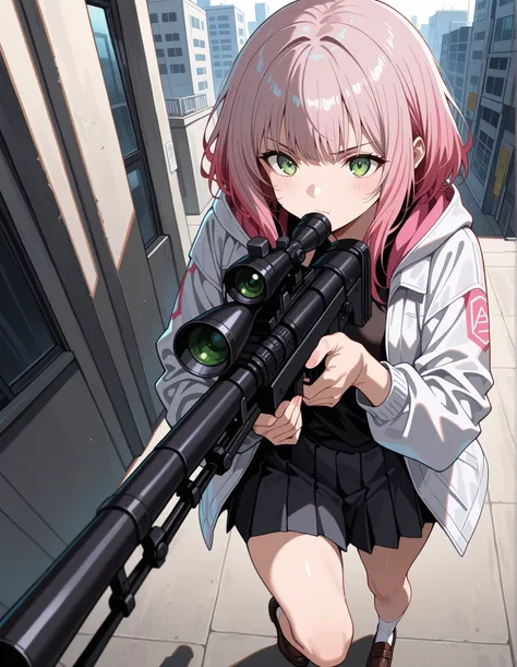 score_9,score_8_up,score_7_up, 1girl, 17 years old, beautiful woman, beautiful face
BREAK
A girl with a serious expression has (short, pink-bobbed hair: 1.4), green eyes, and is wearing a light jacket over a dark top. She is dressed in a dark grey pleated ...