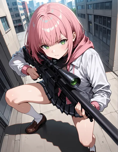 score_9,score_8_up,score_7_up, 1girl, 17 years old, beautiful woman, beautiful face
BREAK
A girl with a serious expression has (short, pink-bobbed hair: 1.4), green eyes, and is wearing a light jacket over a dark top. She is dressed in a dark grey pleated ...