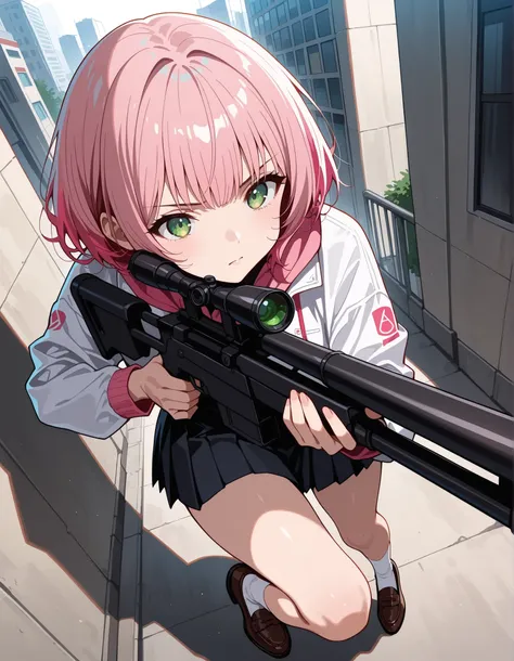 score_9,score_8_up,score_7_up, 1girl, 17 years old, beautiful woman, beautiful face
BREAK
A girl with a serious expression has (short, pink-bobbed hair: 1.4), green eyes, and is wearing a light jacket over a dark top. She is dressed in a dark grey pleated ...