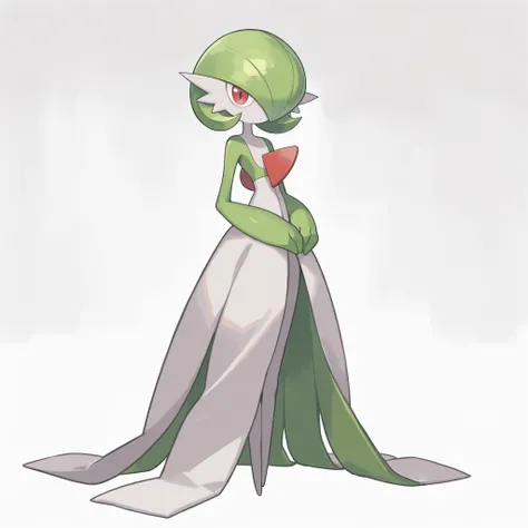 masterpiece, ultra-HD, impressionism, high detail, best quality, very aesthetic, 8k, best quality, beautiful, Gardevoir, 1girl, solo, white skin, green hair, short hair, red eyes, white dress, pokemon (creature), green sleeves, slim, serious, cute, hands o...