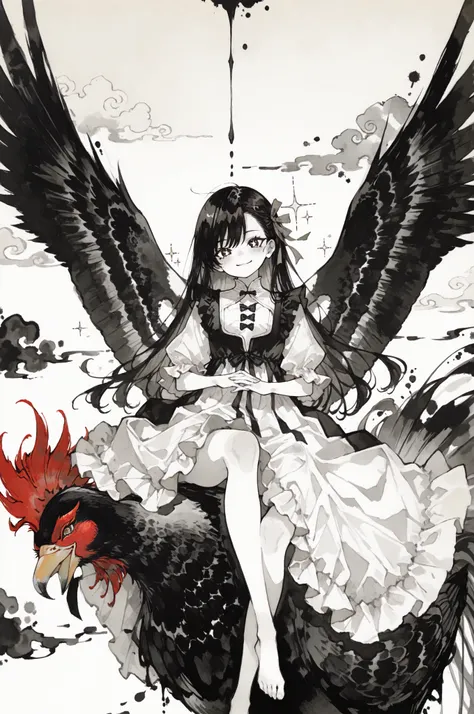 masterpiece, high quality, ultra-detailed 1 small girl riding giant rooster, sumi-e dynamic style, petite loli girl, frilly dress, puffy sleeves, cute hair ribbons, innocent expression, delicate features, giant majestic rooster, powerful stance, dramatic f...