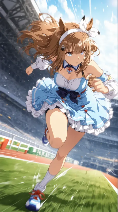 (masterpiece, best quality, ultra-detailed, anime style, cinematic lighting, extreme motion, Dynamic Angle),almond eye (umamusume),forward leaning posture,fast movement,sprinting at incredible speed over,,,hair blown back by the wind,motion blur around lim...