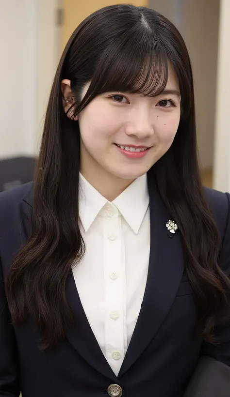 Neat Young Woman、and look at the camera、office lady suit、jacket、shirt、necklace、、ear piercing、、Has bangs、smile showing teeth、薄い茶髪、Bust Up Shot、background is office
