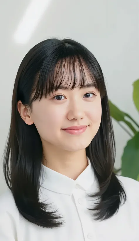 Neat Young Woman、and look at the camera、office lady suit、jacket、shirt、necklace、ear piercing、薄い茶髪、smile showing teeth、背景はオフィス