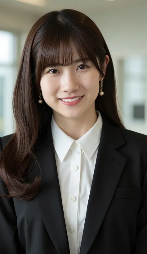 Neat Young Woman、and look at the camera、office lady suit、jacket、shirt、necklace、、ear piercing、、Has bangs、smile showing teeth、薄い茶髪、Bust Up Shot、background is office
