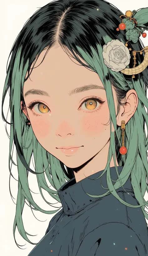 bright colorsと装飾的なパターンを持つ、 Stylized Characters , long flowing green hair with ribbons and ornaments々Use ribbons and ornaments, dynamic and cultural atmosphere, High Quality, 4K, Super Detailed, realistic, HDR, super high resolution, Professional, white bac...