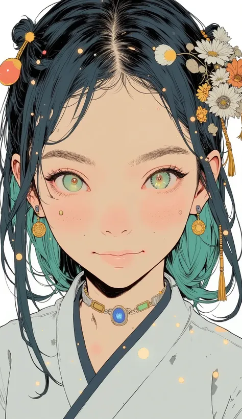 bright colorsと装飾的なパターンを持つ、 Stylized Characters , long flowing green hair with ribbons and ornaments々Use ribbons and ornaments, twin tail、dynamic and cultural atmosphere, High Quality, 4K, Super Detailed, realistic, HDR, super high resolution, Professional,...