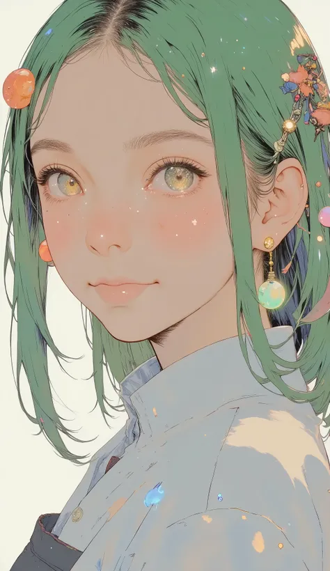 bright colorsと装飾的なパターンを持つ、 Stylized Characters , long flowing green hair with ribbons and ornaments々Use ribbons and ornaments, dynamic and cultural atmosphere, High Quality, 4K, Super Detailed, realistic, HDR, super high resolution, Professional, white bac...