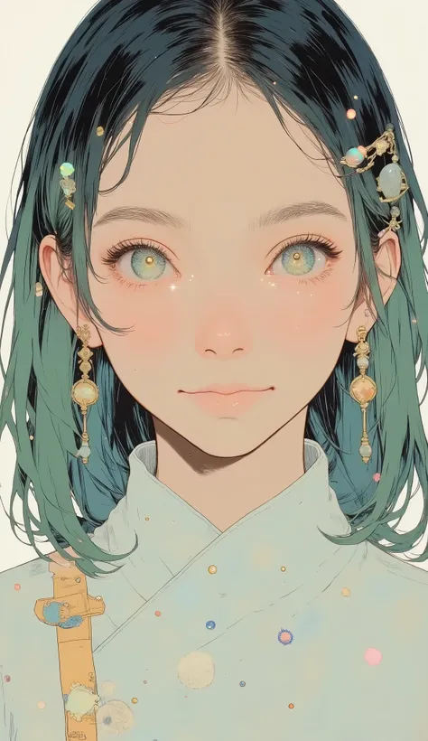 bright colorsと装飾的なパターンを持つ、 Stylized Characters , long flowing green hair with ribbons and ornaments々Use ribbons and ornaments, dynamic and cultural atmosphere, High Quality, 4K, Super Detailed, realistic, HDR, super high resolution, Professional, white bac...