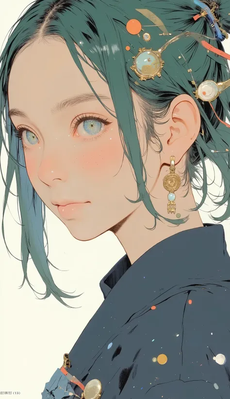 profile、bright colorsと装飾的なパターンを持つ、 Stylized Characters , long flowing green hair with ribbons and ornaments々Use ribbons and ornaments, twin tail、dynamic and cultural atmosphere, High Quality, 4K, Super Detailed, realistic, HDR, super high resolution, Profe...