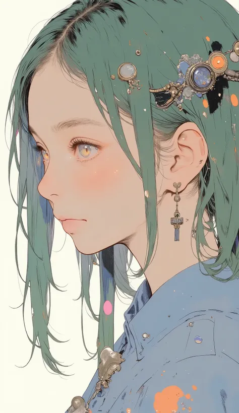 profile、bright colorsと装飾的なパターンを持つ、 Stylized Characters , long flowing green hair with ribbons and ornaments々Use ribbons and ornaments, twin tail、dynamic and cultural atmosphere, High Quality, 4K, Super Detailed, realistic, HDR, super high resolution, Profe...