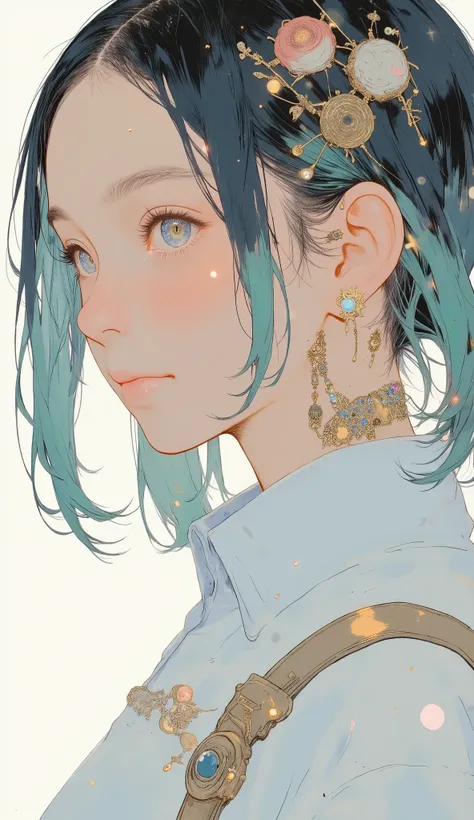 profile、bright colorsと装飾的なパターンを持つ、 Stylized Characters , long flowing green hair with ribbons and ornaments々Use ribbons and ornaments, long twin tails、Hatsune Miku、 official costume、dynamic and cultural atmosphere, High Quality, 4K, Super Detailed, realist...