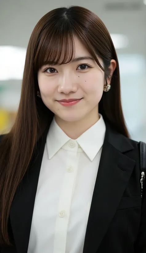 Neat Young Woman、and look at the camera、office lady suit、jacket、shirt、necklace、、ear piercing、、Has bangs、smile showing teeth、薄い茶髪、Bust Up Shot、background is office
