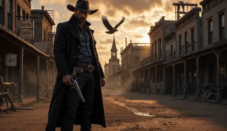 Ultra-realistic cinematic scene in 16:9 format, wide-angle shot. A lone cowboy with a long black coat and weathered hat stands at the edge of a dusty street in a ghost town at sunset. His silhouette is framed by the golden-red sky behind him. His hand hove...