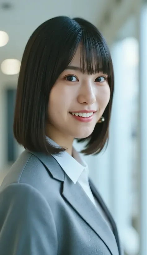 Neat Young Woman、and look at the camera、office lady suit、jacket、shirt、necklace、ear piercing、薄い茶髪、smile showing teeth、背景はオフィス
