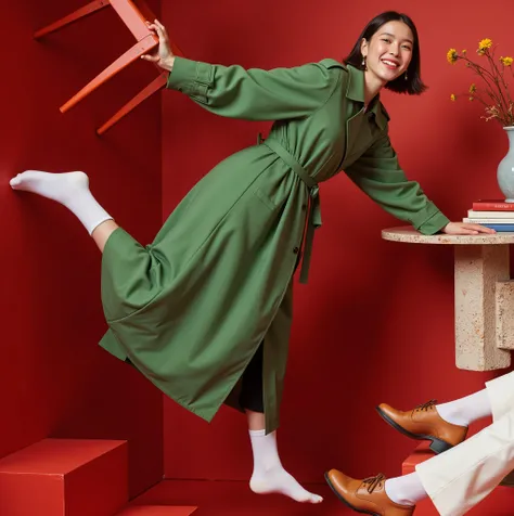 subject: playful young woman floating in fashion editorial scene  
outfit: oversized green trench coat with belt, cropped black pants, white socks  
fabric details: matte twill or gabardine, structured collar, wide sleeve cuffs  
garment style: modern mini...