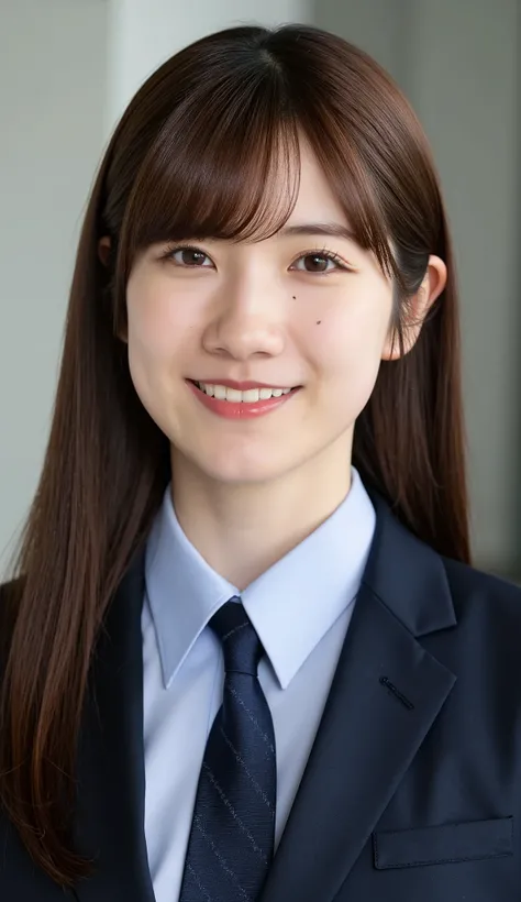 Neat Young Woman、and look at the camera、office lady suit、jacket、shirt、necklace、、ear piercing、、Has bangs、smile showing teeth、薄い茶髪、Bust Up Shot、background is office
