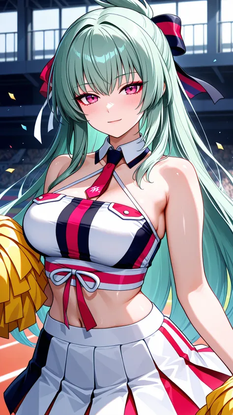 solo, kanzaki_saya,  long hair, mature woman, Tight waist、Small waist、shiny Skin ,  (upper body), light smile, cheerleader, detached collar, white crop top, two-tone crop top, midriff, criss- cross halter, two-tone skirt, white skirt, miniskirt, pleated sk...