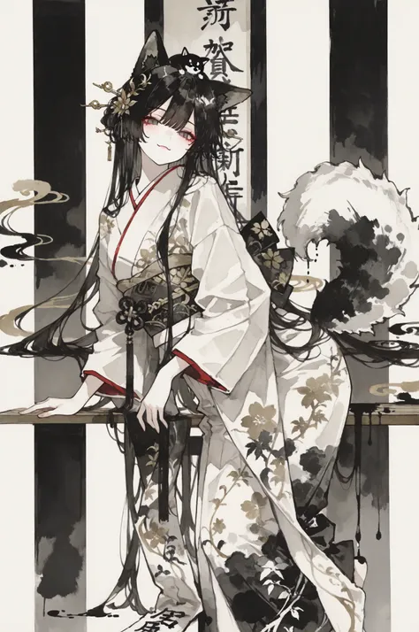 masterpiece, high quality, ultra-detailed 1 girl with dog ears, traditional sumi-e style, elegant kimono, flowing fabric, traditional obi, long sleeves, detailed pattern, dog ears on head, fluffy tail, canine features, playful expression, large shiba inu d...
