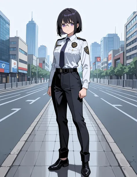 score_9,score_8_up,score_7_up, medium breasts, solo, (jet black hair, short hair, bob hair, tareme, purple eyes, bangs), (serious expression), (full body), city backdrop, tokyo city backdrop, focus, standing, japanese police uniform, glasses, (white shirt)...