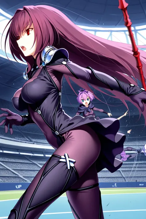 master piece , best quality , ultra detailed , score_9 , score_7_up , 1 woman , scathach, long hair, purple hair, red eyes,,armor, bodysuit, pauldrons, purple bodysuit, shoulder armor, thighs, ,,by koyamahirokazu, (((javelin throwing))) , Throw a spear into the air , dynamic action pose, , open mouth , determined , stadium , from side , 